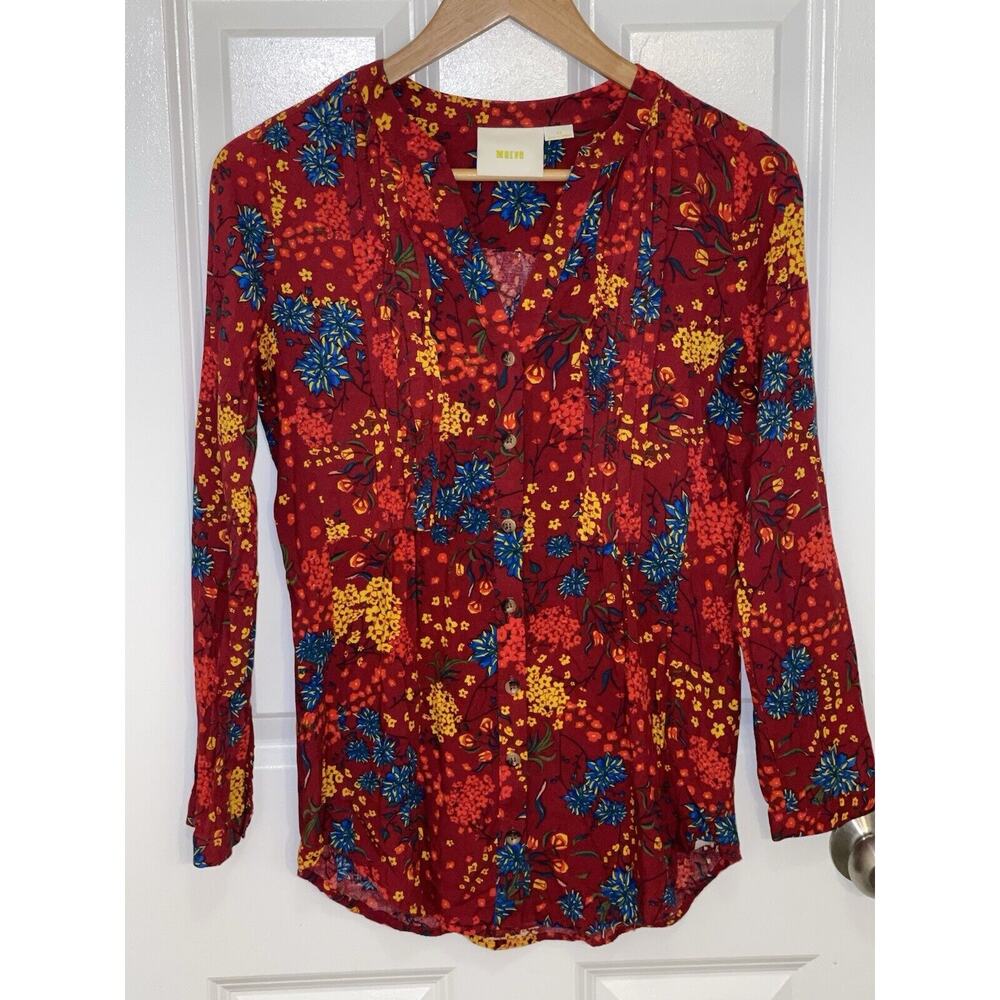 Anthropologie Maeve Floral Printed Pintucked Blouse Top Red Roll-Tab Sleeve (XS)
